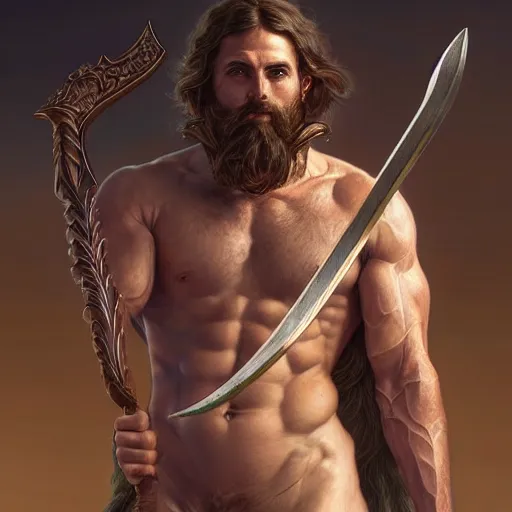 Image similar to portrait of a gruff ranger carrying the holy lance of longinus, Cain, muscular, hairy body, intricate, elegant, highly detailed, digital painting, artstation, concept art, matte, sharp focus, illustration, art by Artgerm and Greg Rutkowski and Alphonse Mucha