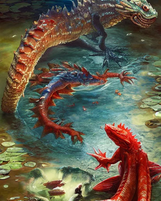 Image similar to game character, ethereal, gorgeous, mysteriously beautiful giant huge kaiju sized pond dragon half fish half salamander, sea dragon, wet amphibious skin, red salamander, axolotl creature, koi pond, korean village by Ruan Jia and Gil Elvgren, fullbody