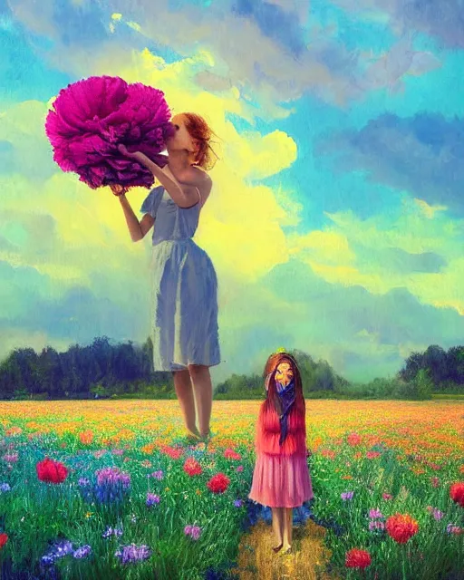 Image similar to girl with a giant carnation as face, surreal photography, flower field, sunset dramatic light, impressionist painting, colorful clouds, blue sky, digital painting, artstation, simon stalenhag