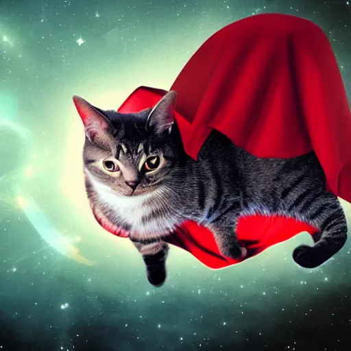 Image similar to a cat wearing superman cape, a red cape floating through galaxies of space on a recliner chair, cosmic rays, dramatic lighting, spirals galaxies