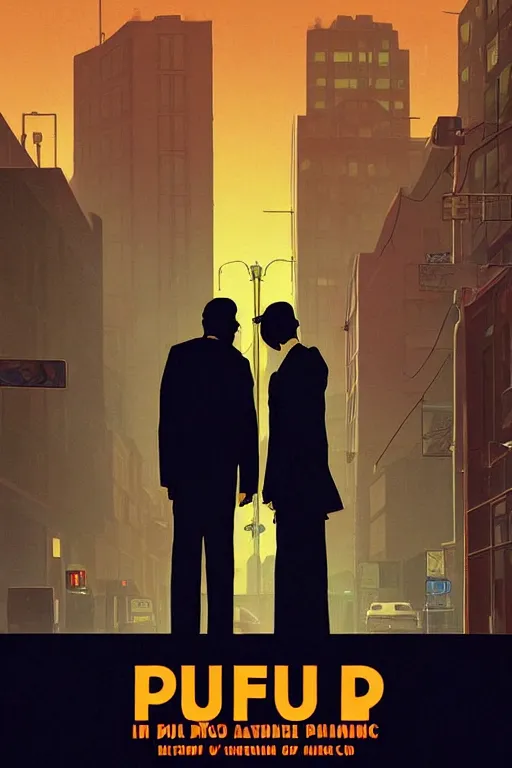 Prompt: Pulp Noir dynamic dutch angle Twin Peaks movie poster artwork by Tomer Hanuka Rendering of two lovers embrace in the long shadows cast by the streetlight in secret as a dark presence looms, full of details, by Makoto Shinkai and thomas kinkade, Matte painting, trending on artstation and unreal engine