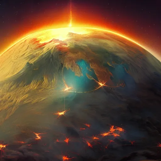 Image similar to epic portrait Planet earth burning from space, stars, dark, accurate, digital painting, artstation, concept art, soft light, hdri, smooth, sharp focus, illustration, fantasy, intricate, elegant, highly detailed, D&D, matte painting, in the style of Greg Rutkowski and Alphonse Mucha and artemisia, 8k, highly detailed, jurgens, rutkowski, bouguereau, pastoral, rustic, georgic