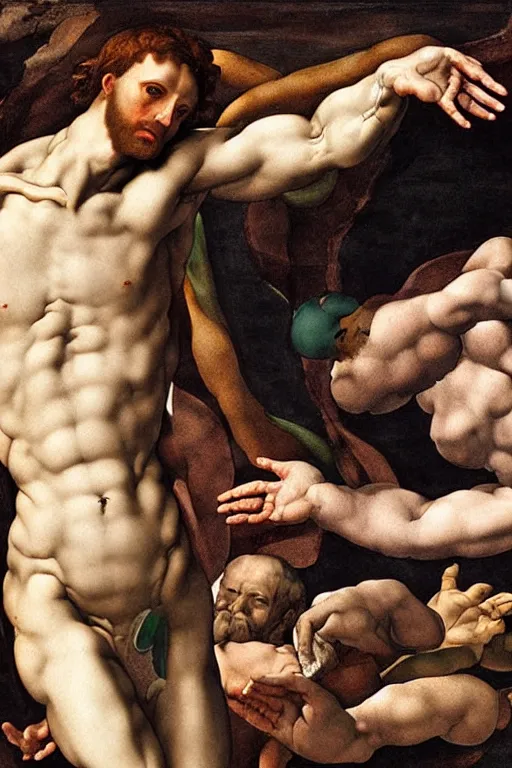 Image similar to creation of adam by michelangelo, cyborg and human, ultra detailed,