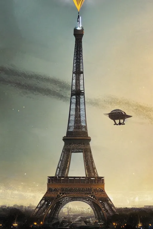 Prompt: the Eiffel Tower being visited by a large UFO, an epic painting, glinting metal, volumetric lighting, intricate, elegant, highly detailed, digital painting, artstation, concept art, smooth, sharp focus, art by Maciej Kuciara
