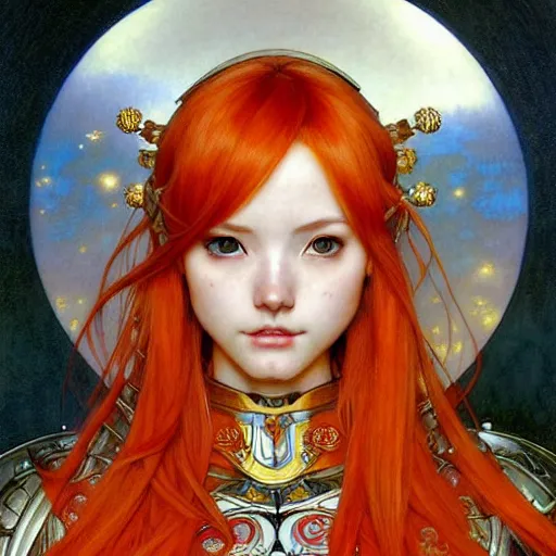 Prompt: Masterpiece head and shoulders portrait of Asuna Yuuki, young woman with orange hair wearing a partial paladin armor with a red skirt and white top, face, fantasy, intricate, elegant, highly detailed drawn by Donato Giancola and Tom Bagshaw, face by Artgerm and Edmund Leighton, Alphonse Mucha, background by James Jean and Gustav Klimt, 4k, porcelain skin, komorebi, french nouveau, trending on pixiv, octane render, hyperrealistic