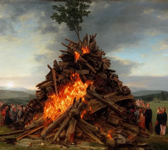 Image similar to landscape portrait of a funeral pyre with cash on it, by william sidney mount, trending on artstation