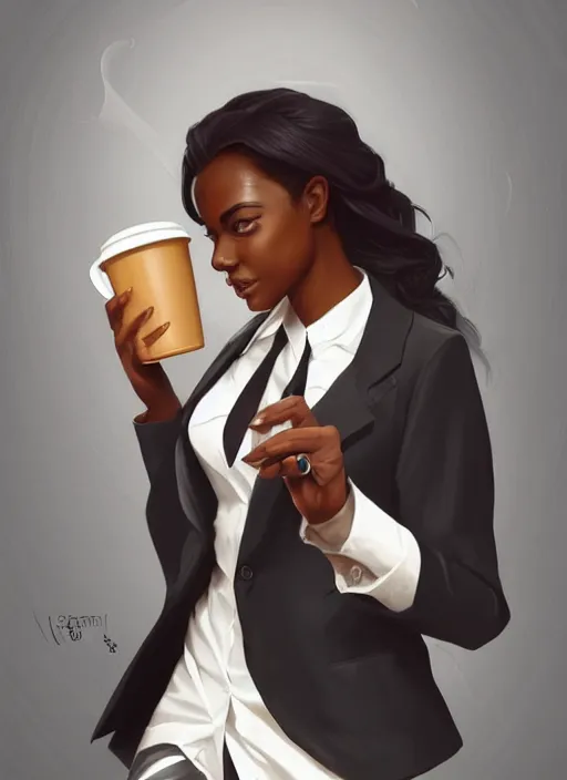 Prompt: detailed digital painting of beautiful black woman in corporate attire cell phone and steaming coffee mug, fanart behance trending on artstation, concept art, matte, sharp focus, illustration, corner office background, hearthstone, art by artgerm and greg rutkowski and alphonse mucha