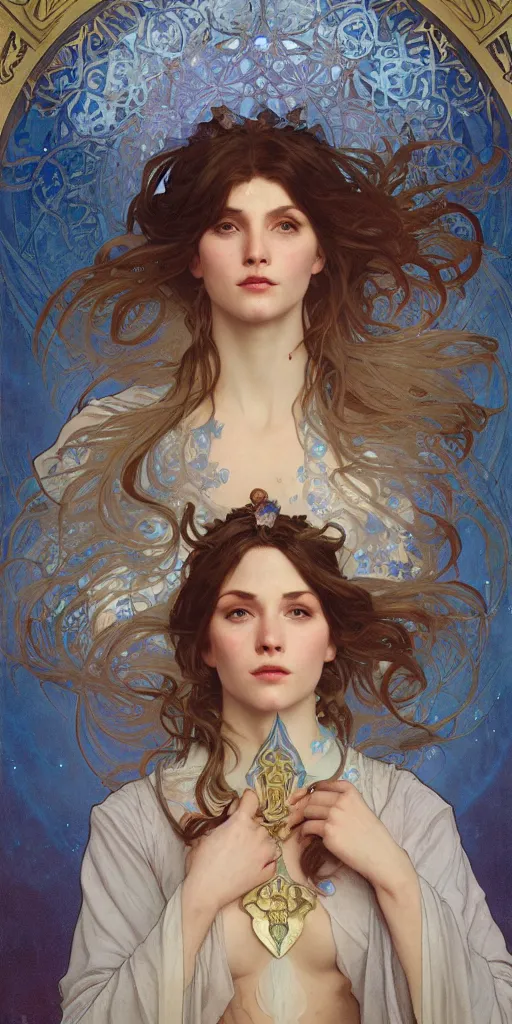 Image similar to Beautiful female wizard with blue robes wearing an intricate arcane makeup, digital art, art by Alphonse Mucha, Greg Rutkowski, Alex Ross, WLOP, Artstation, 8K