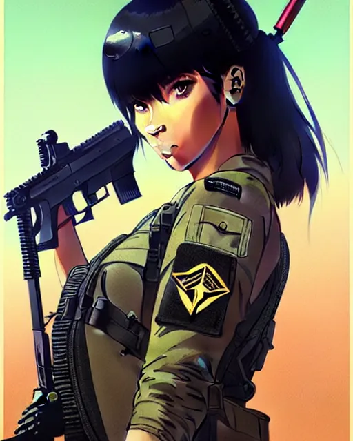 Prompt: girl wearing tactical gear | | kim kardashian, fine detail!! anime!! realistic shaded lighting!! dramatic!! poster by ilya kuvshinov katsuhiro otomo ghost - in - the - shell, magali villeneuve, artgerm, jeremy lipkin and michael garmash and rob rey