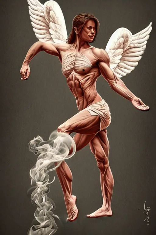 Image similar to Full body potrait of muscular angel doing yoga , angel is split in two with smoke, fantasy, intricate, elegant, highly detailed, digital painting, artstation, concept art, smooth, sharp focus, illustration, art by Ilja Repin