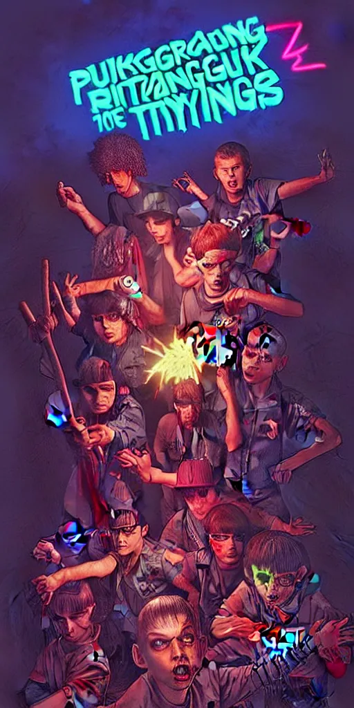 Prompt: young punk rockers fighting against zombies at the playground, by baseball bat in the retro wave stranger things style, neon colors, hyper detailed, digital art, cinematic lighting, concept art by artgerm and greg rutkowski and caravaggio and moebius and jakub rebelka, 8 k