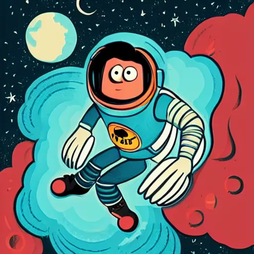 Image similar to colorful pixar, mcbess illustration, an astronaut drifting through space