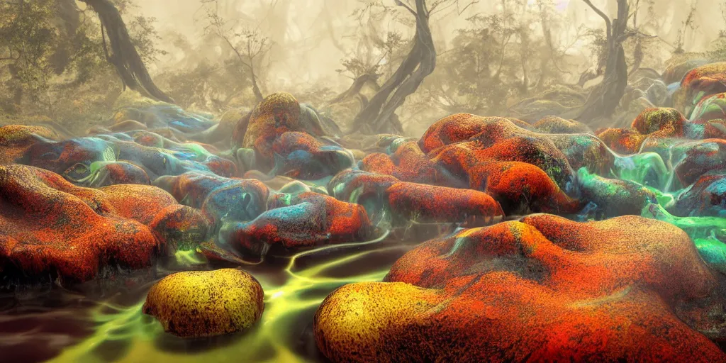 Image similar to Photorealistic picture of a glossy wet levitating floating fungus spirit with arms outstretched, made from colorful wet fungus tendrils. a gentle rising mist, an epic rocky landscape. occult photorealism, UHD, amazing depth, glowing, golden ratio, 3D octane cycle unreal engine 5, volumetric lighting, cinematic lighting, cgstation artstation concept art