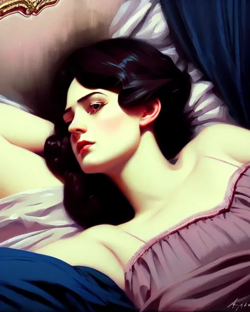 Prompt: stylized portrait by aykutmakut of an artistic pose, composition, young victorian sad fancy lady in bed, cinematic moody colors, realistic shaded, fine details, realistic shaded lighting poster by ilya kuvshinov, magali villeneuve, artgerm, jeremy lipkin and michael garmash and rob rey