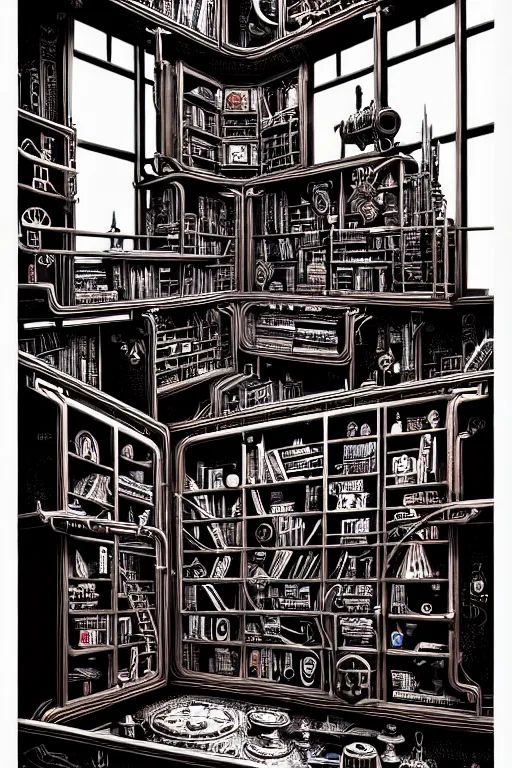 Image similar to a majestic steampunk alchemists bookshelf, two point perspective, furniture, high details, bold line art, by vincent di fate and joe fenton, inking, etching, screen print, masterpiece, trending on artstation, sharp, high contrast, hyper - detailed,, hd, 4 k, 8 k