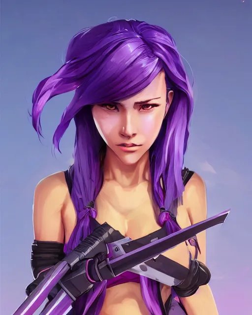 Image similar to beautiful female purple hair sheathed katana symmetrical face eyes full length fantasy art apex fortnite Video game icon, 2d game art gta5 cover , official fanart behance hd artstation by Jesper Ejsing, by RHADS, Makoto Shinkai and Lois van baarle, ilya kuvshinov, rossdraws