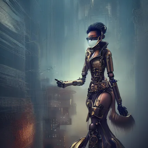 Image similar to concept art of asian female supermodel with robotic mask. steampunk vr googles. futuristic tokyo. anime and manga. comic style. artstation concept art, matte painting. ambient and neonoir mood. intricate details and golden filigree with dragon scales. cinematic light and volumetric fog