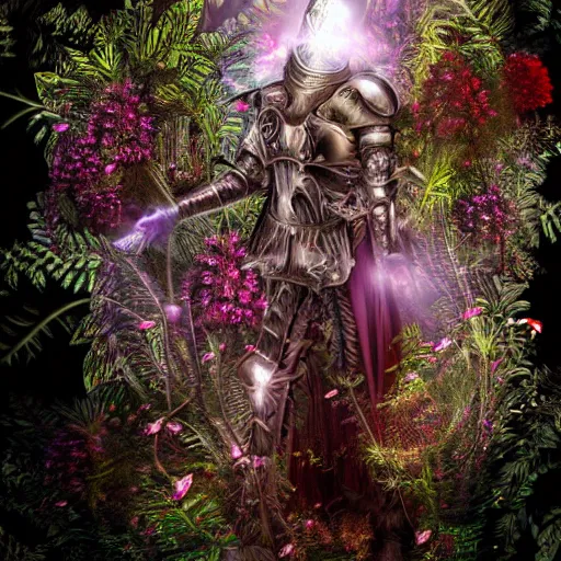 Image similar to a male knight, stern face, clear eyes, in a dark forest, shining armour made of steel and flowers, and fractal flowery hair in a fractal garden, glowing delicate flower, berries and ferns that grow in a dark fantasy forest, full frame,