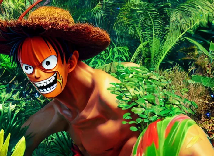 Image similar to a cg render of a colorful luffy in a noir galactic jungle, 8 k, unreal engine, detailed, hyperrealistic, octane