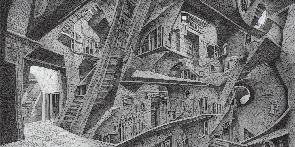 Prompt: a round bottomless chasm, houses are carved into the sidewalls, long winding stairs going down, lithograph by mc escher, 8 k, moody lighting, ultra high detail, concept art,