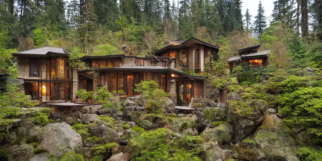 Image similar to residence in the style of rivendell, pacific northwest