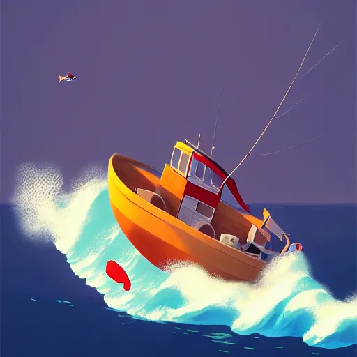 Image similar to goro fujita ilustration a bird flying over a fishing boat in the middle of the ocean with waves, foam on the waves, painting by goro fujita, sharp focus, highly detailed, artstation