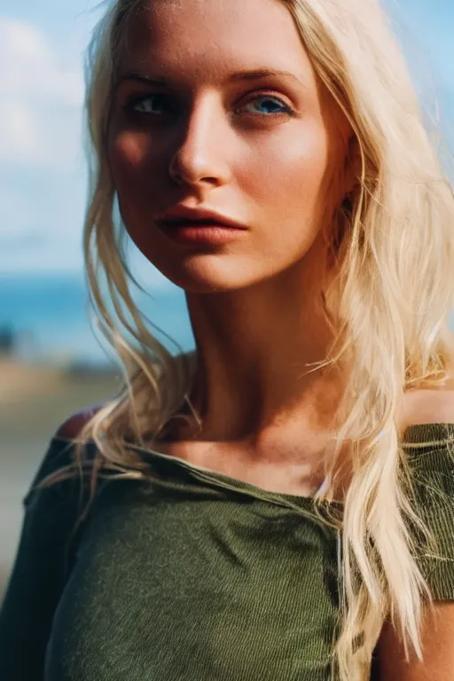 Image similar to photograph of a vintage photo of an olive skinned blonde female model in her twenties, wearing a designer top, looking content, focused on her neck, photo realistic, extreme detail skin, natural beauty, no filter, slr, golden hour, 4 k, high definition, selfie