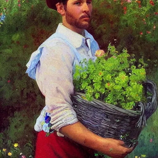 Prompt: a beautiful painting of a russian instagram heart farmer. in his arm he has a basket full of hearts. in style of ilya repin, trending on artstation