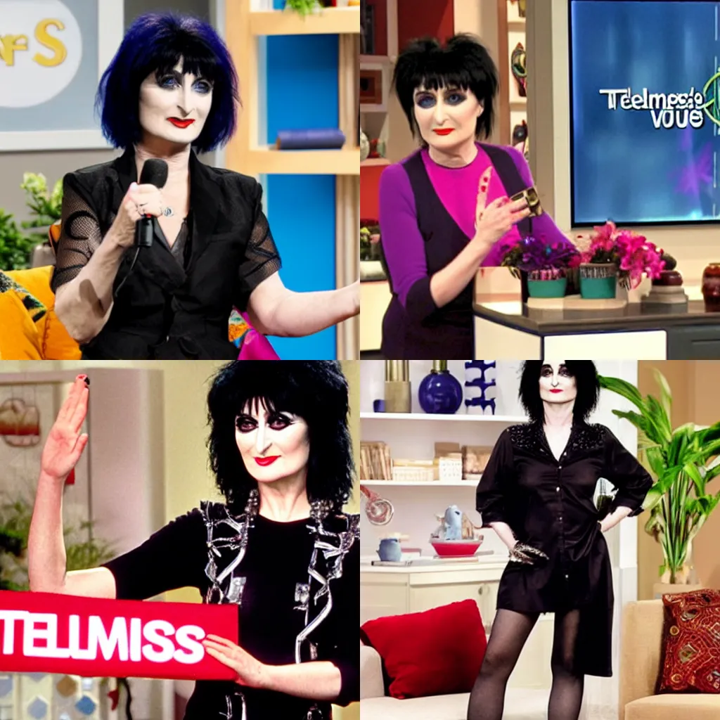 Prompt: siouxsie sioux as a presenter on a teleshopping channel, home shopping network, qvc