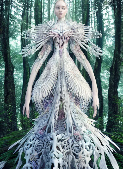 Prompt: a beautiful hyperrealistic ultradetailed 3D, one girl in a magnificent McQueen couture clothes on the background of a futuristic forest, Designer clothes, futuristic clothes, clothes from the future, biopunk, voge photo, fashion style, fullbody, in full growth, intricate, elegant, highly detailed, artstation, concept art, smooth, sharp focus, illustration, art by and greg rutkowski and orientalism and bouguereau and Zdzislaw Beksinski, good clear quality, lighting, portrait, details in dress