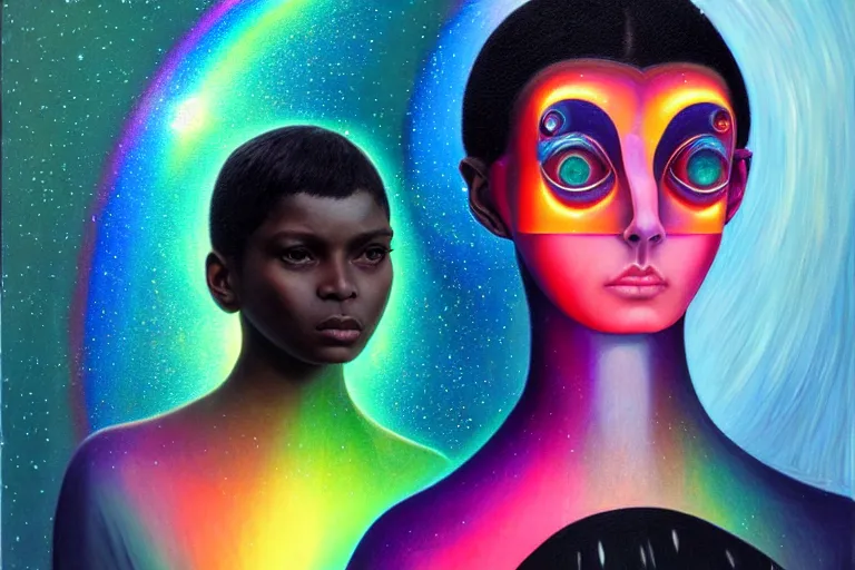 Image similar to patron saint of 🛸🌈👩🏾, futuristic iridescent clothing, wormhole, nebula, black hole, multiverse, neon god of city character portrait, in the style of margaret keane, moebius, tom bagshaw, and waterhouse, cinematic lighting, beautiful, elegant, oil painting,