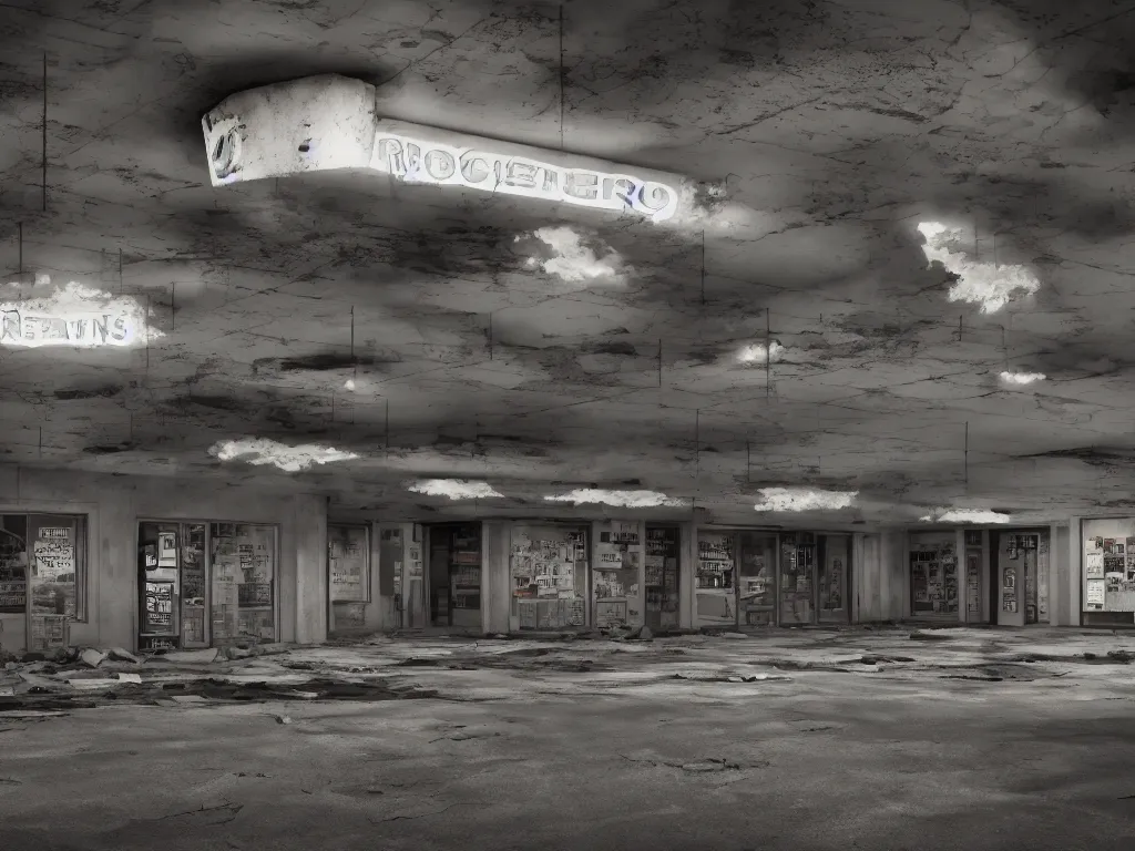 Prompt: Photorealistic Eerie Abandoned Blockbuster Video store with ghostly phantoms, Lomography, ambient occlusion, subsurface scatter, luminosity, trending on Artstation, cinematic lighting