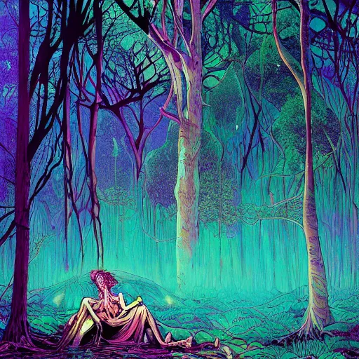 Image similar to psychedelic trippy iridescent volumetric lighting enchantingly beautiful forest with necromancer hyperrealism by victo ngai yoji shinkawa apophasis moebius 8 0 s cartoon horror art black magick voodoo shamanic satanic