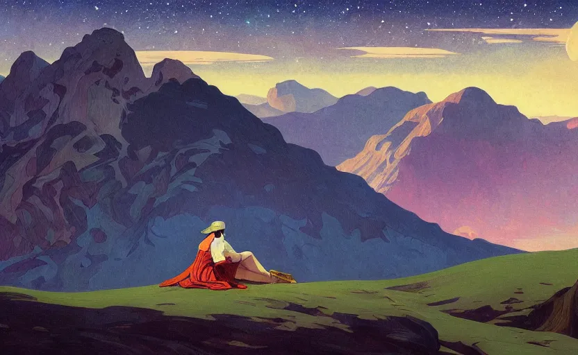 Prompt: mountains, stars and paisley filled sky, artstation, intricate, highly detailed, digital painting, concept art, sharp focus, illustration by Edward Hopper and Alphonse Mucha