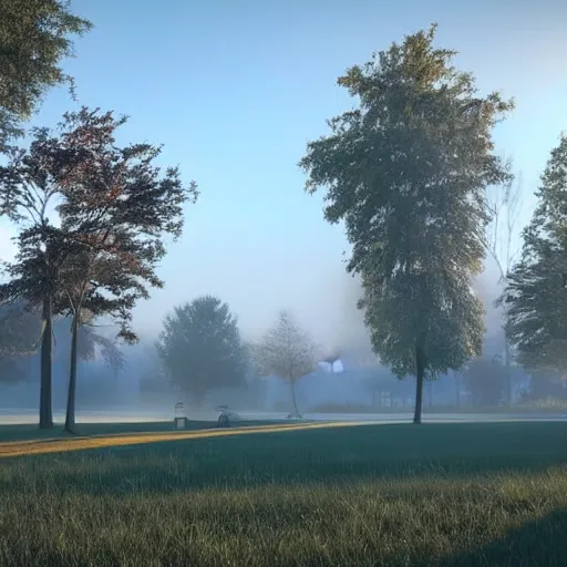 Prompt: still shot of a park covered in morning fog, highly detailed, photorealistic portrait, bright studio setting, studio lighting, crisp quality and light reflections, unreal engine 5 quality render