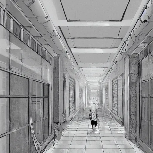 Image similar to a flood of slime in a bright white hallway with many doors and many stairs, Mc Escher architecture, epic composition, by Makoto Shinkai