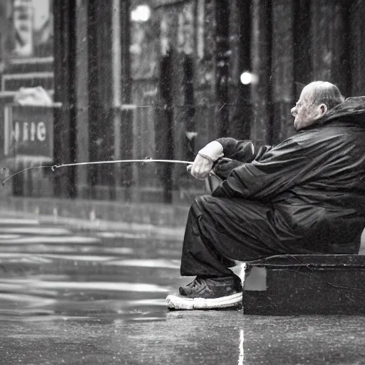 Prompt: closeup portrait of a man fishing in a rainy new york street, photography, expression