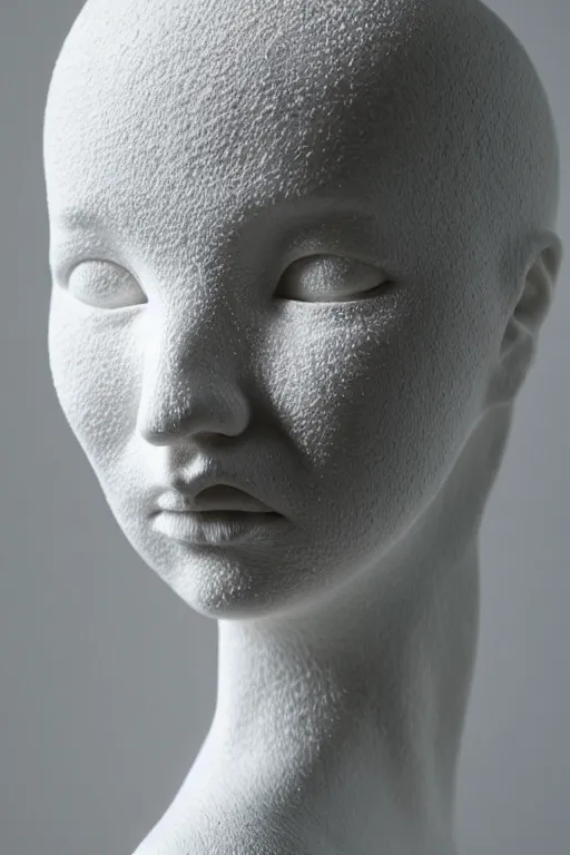 Image similar to full head and shoulders, beautiful female porcelain sculpture by daniel arsham and raoul marks and james jean, smooth, all white features on a white background, delicate facial features, white eyes, white lashes, detailed white 3 d skulls on head