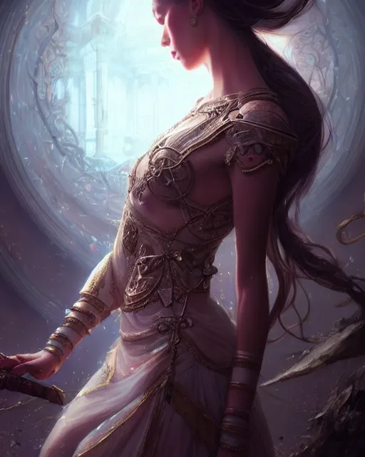 Image similar to a ( ( girl as personification of intellect ) ), beauty, fantasy, ornate, digital painting by krenz cush art, greg rutkowski, artgerm, laurie greasly, wlop, intricate, highly detailed!!, sharp focus, smooth, epic composition, unreal engine, masterpiece, 8 k, interesting background