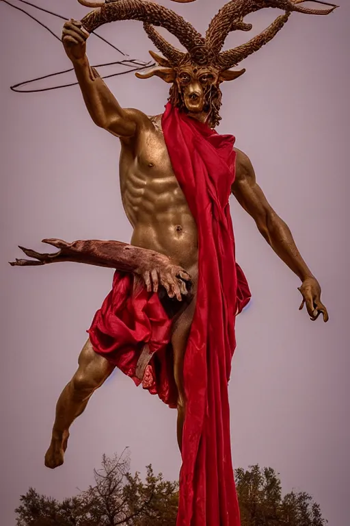 Prompt: a cinematic view of a ornated holy sacred faun statue using a old red silk veil made by hedi xandt, chris haas and bernini, realistic, macabre art, detailed image, photorealistic, volummetric light