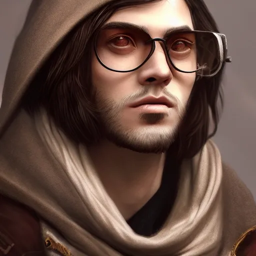 Prompt: a highly detailed Portrait of a young man with dark gray long hair, red steampunk round glasses, in a beige cloak, artstation, DeviantArt, professional, octane render