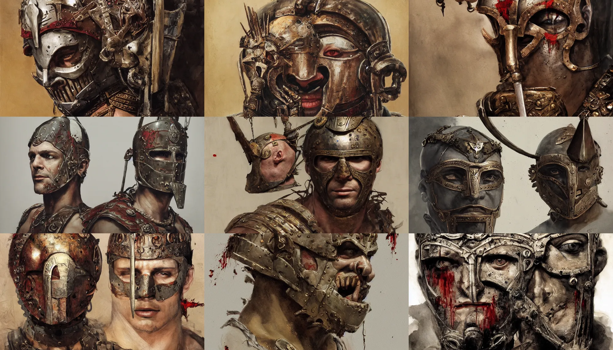 Image similar to A mixed media portrait painting of a man wearing the roman gladiator mask-of-Damocles, detailed mask, detailed jaw and eyes, detailed head and shoulders, dried blood, by Frank Frazetta, Greg Rutkowski, Beeple, Yoko Taro, Christian MacNevin, epic fantasy character art, roman numerals, high fantasy, CGsociety, full length, exquisite detail, post-processing, masterpiece, volumetric lighting, cinematic