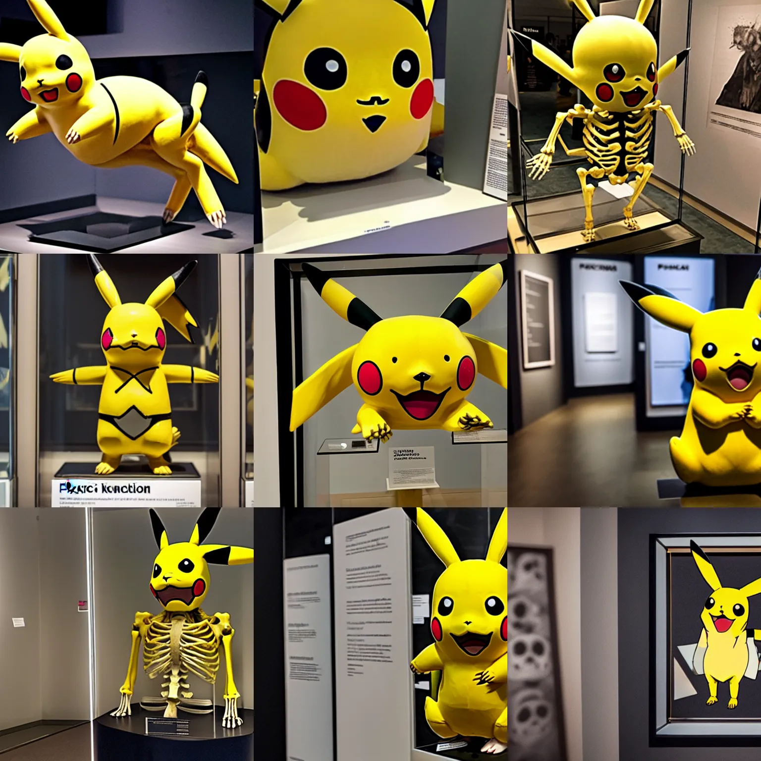 Prompt: photo of a pikachu skeleton on display in a museum