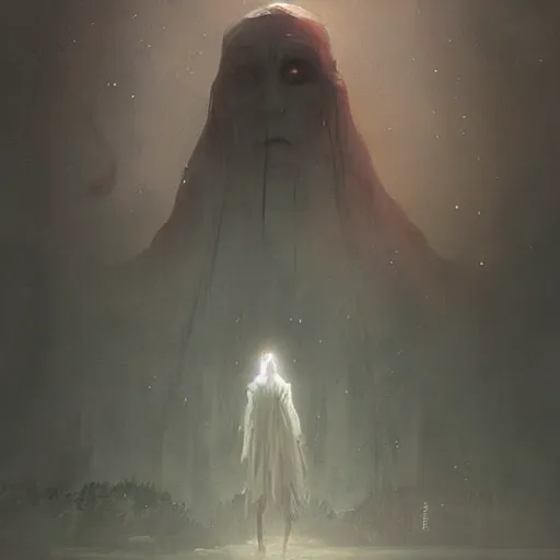Image similar to a beautiful terrifying immense pale humanoid giant looms over a tiny human. ethereal horror fantasy art by greg rutkowski