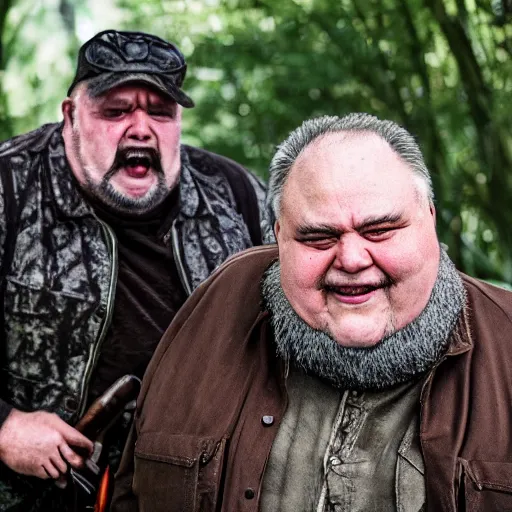 Prompt: ugly old fat man and his strong handsome friend hunting monsters