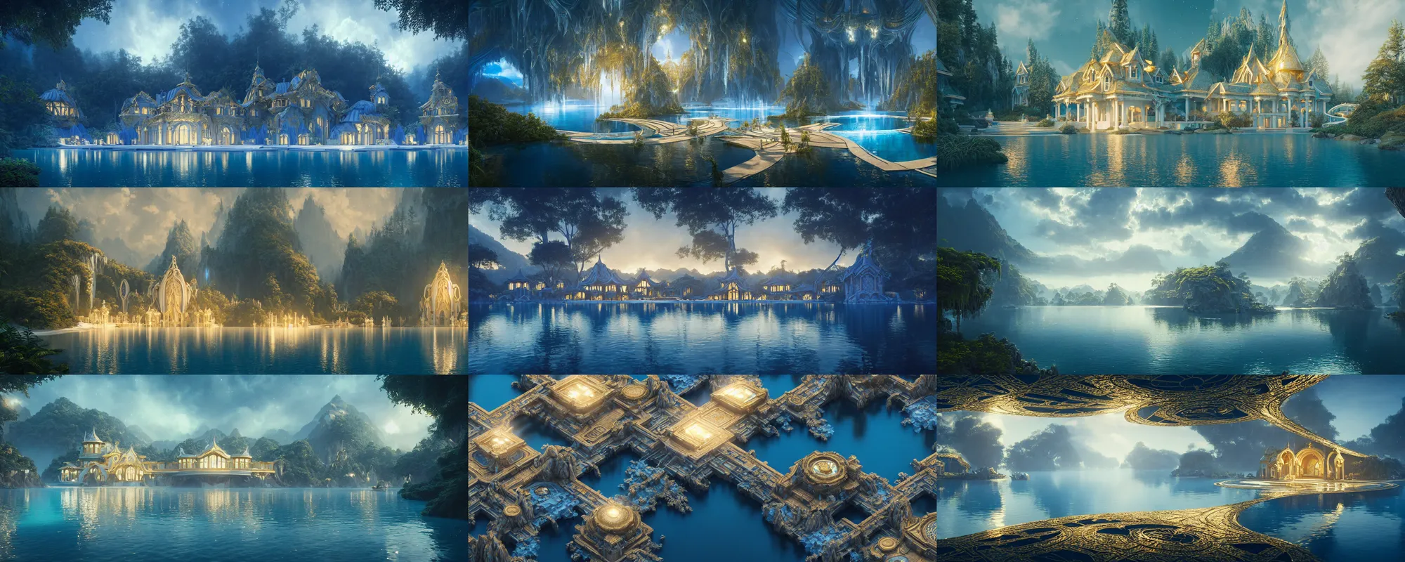 Image similar to a gorgeous symmetrical paradise palace, starlit, lakes, fantasy, fairy tale, artstation, matte painting, artstation, octane render, caleb worcester, samuel beal. ultra clear detailed. white, deep blue and light gold color scheme.