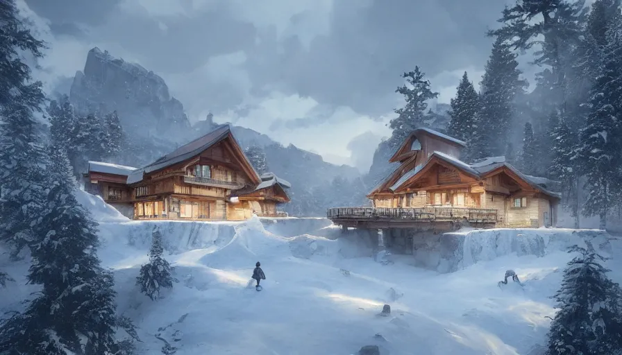 Prompt: A highly detailed matte painting of Modern chalet built in the snowy mountains, by Studio Ghibli, Makoto Shinkai, by Artgerm, by WLOP, by Greg Rutkowski, volumetric lighting, octane render, 4K resolution, trending on artstation, masterpiece