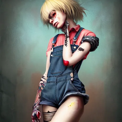 Image similar to full body pose, grungy alice, torn overalls, short shorts, gloves, combat boots, fishnets, beautiful, highly detailed face, true anatomy!, extremely detailed!, digital painting, unreal engine 5, art by tom bagshaw