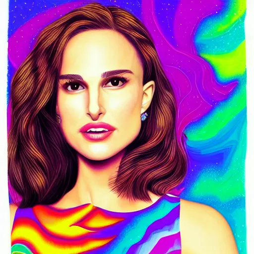 Prompt: beautiful realistic portrait of Natalie Portman as a rock star by Lisa Frank