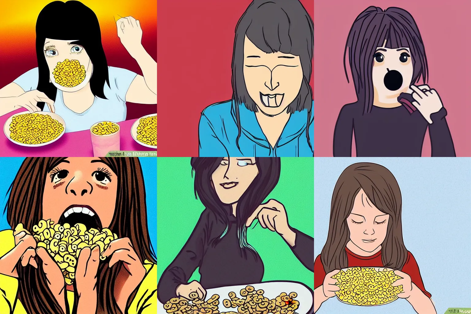 Prompt: “Emo girl eating Cheerios, wikihow illustraton”